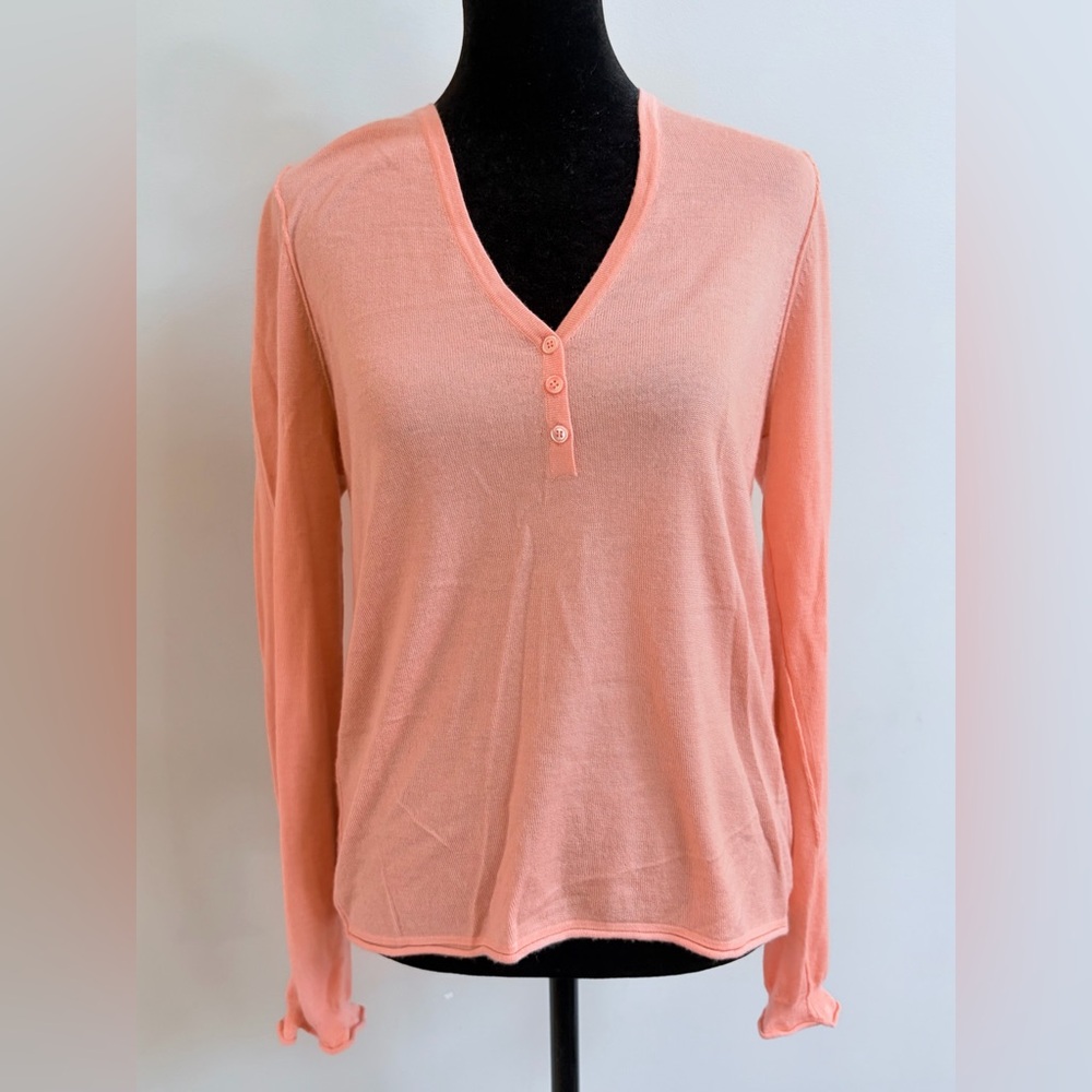 Three Dots 100% Cashmere Long Sleeve Button V-Neck Pink Toned Sweater Shirt Top